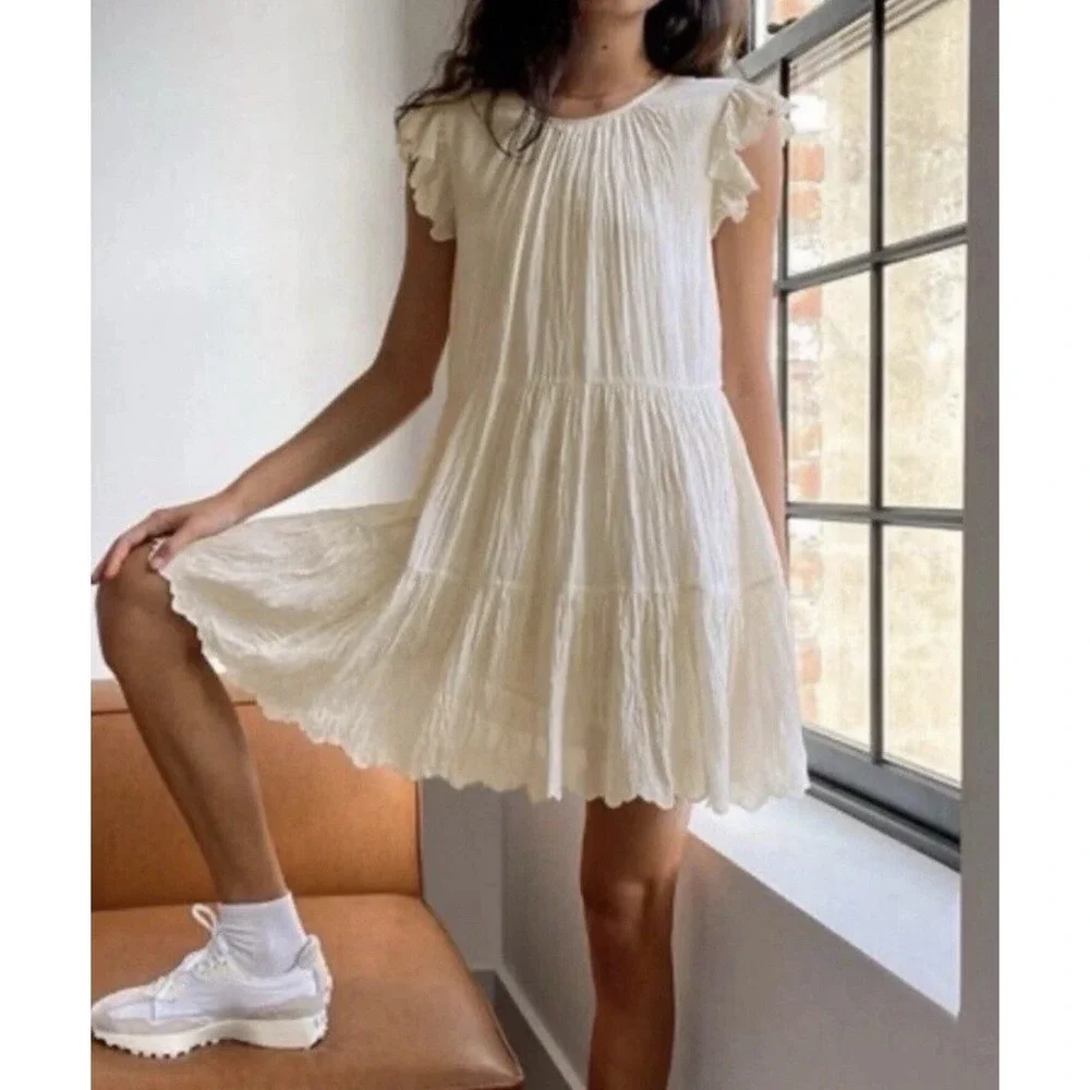 Aritzia Wilfred Sidonie Mini Dress Size L Babydoll Tiered Prairie Peasant Ruffle